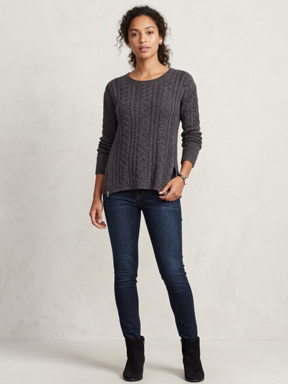 Charcoal Brown Cable Knit Side Zip weater S Dark Academia Fisherman Grandmacore